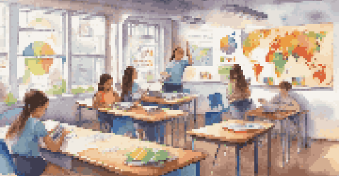 A lively classroom with students interacting with books, tablets, and laptops, surrounded by educational posters.