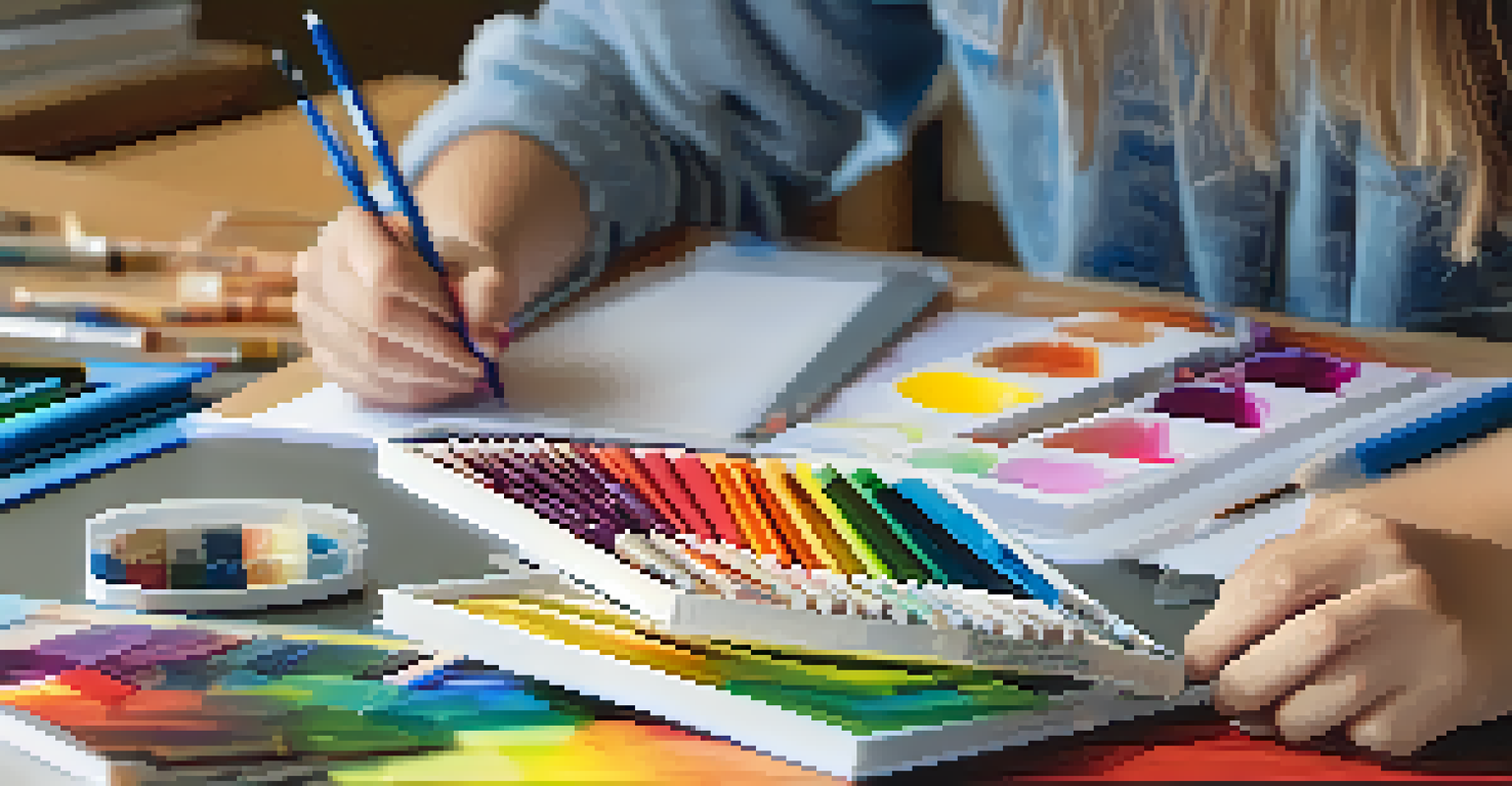 A student's hands working on a creative project with art supplies and a laptop on the desk.