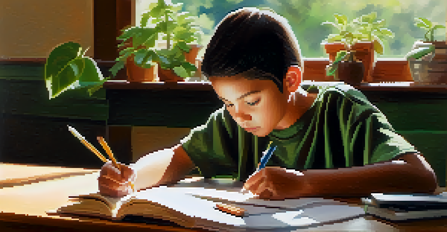 A young student closely examining a leaf on their desk while taking notes in a journal, with a blurred classroom background.