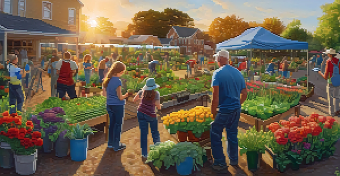 A community garden with diverse individuals working together, surrounded by blooming flowers and vegetables, illuminated by a warm sunset.