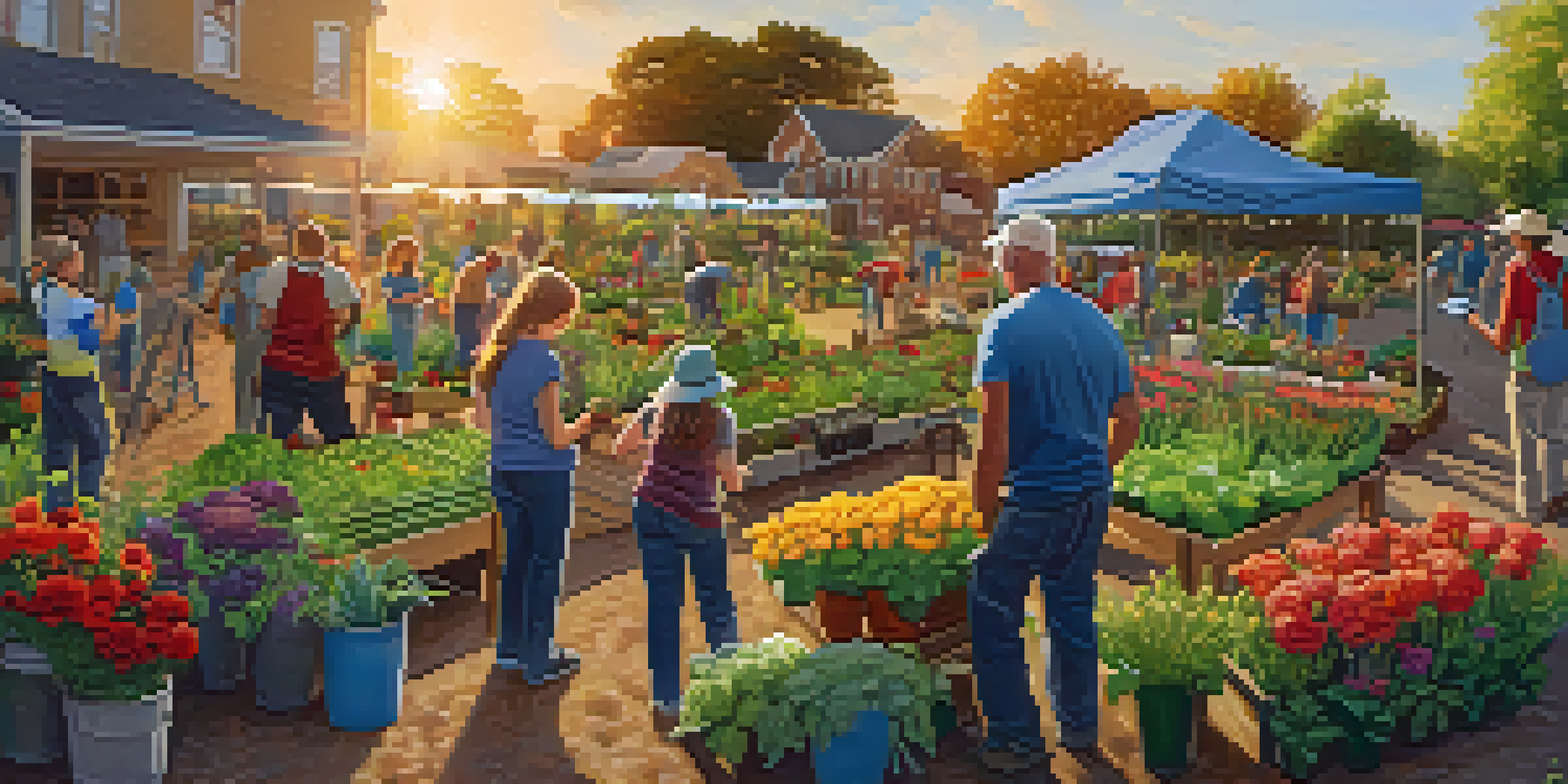 A community garden with diverse individuals working together, surrounded by blooming flowers and vegetables, illuminated by a warm sunset.