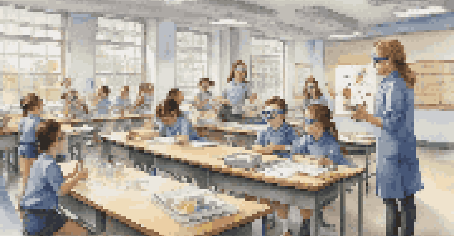 A teacher guiding students through a hands-on science experiment, with students wearing safety goggles and working together with scientific materials.