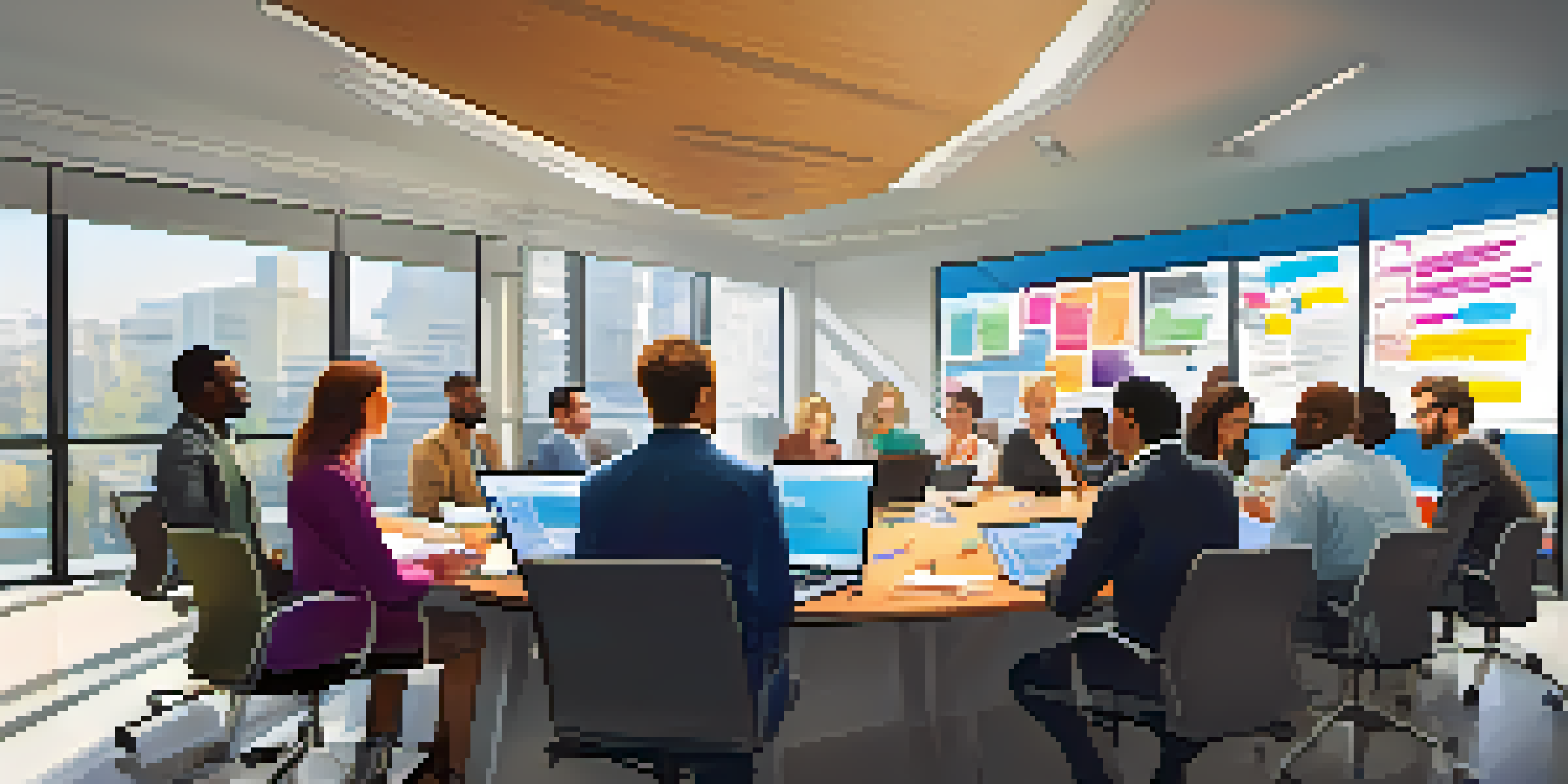 A diverse group of professionals in a bright meeting room collaborating around a table filled with laptops and notes.