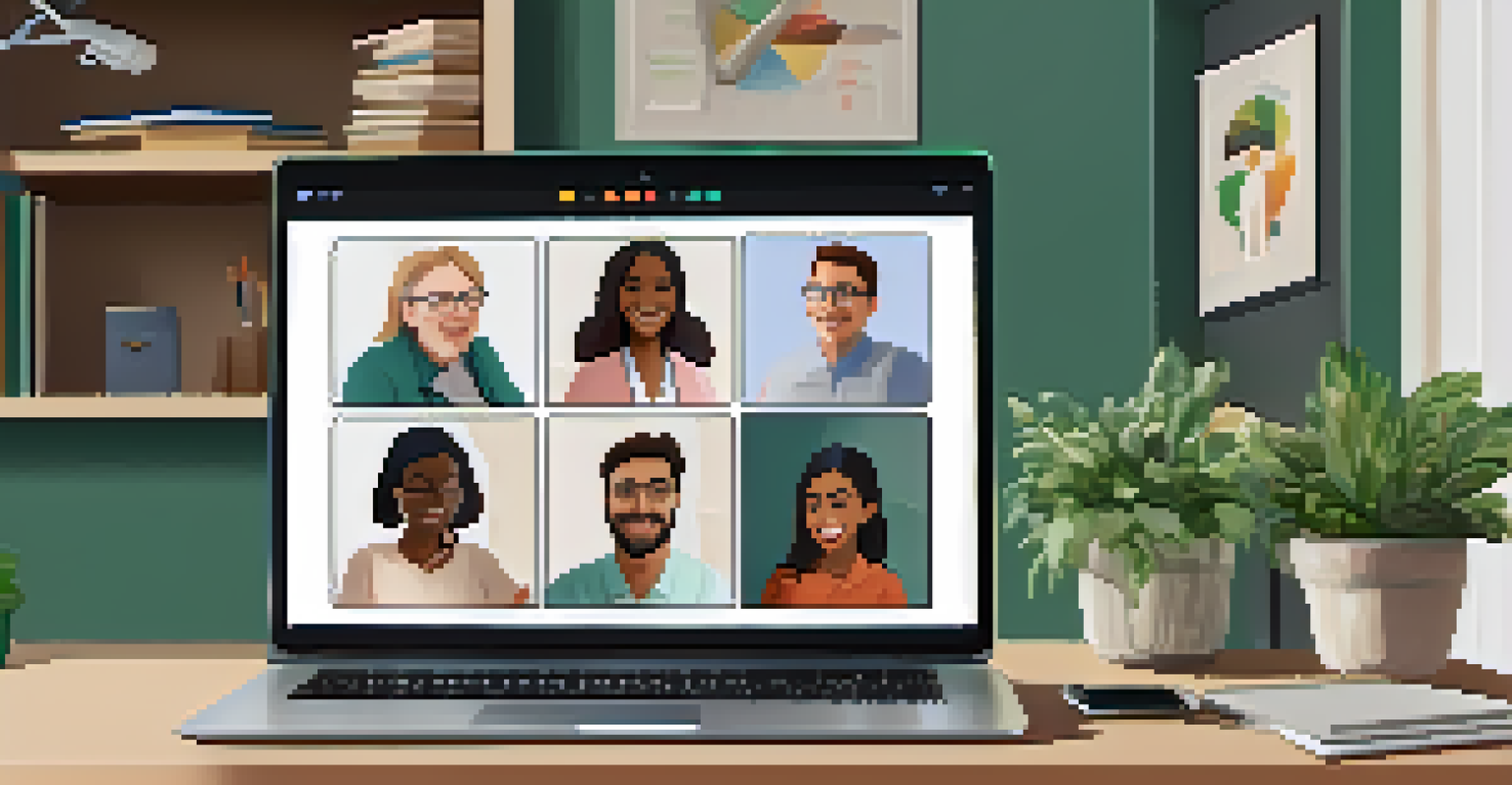 A computer screen showing a virtual workshop with teachers discussing crisis management, set in a cozy home office environment.