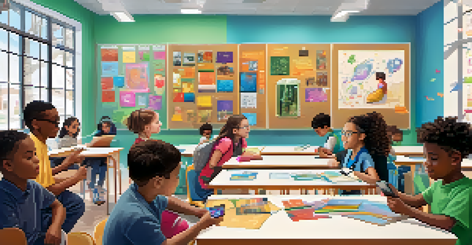 A diverse group of students in a colorful classroom is using augmented reality devices to explore various educational content.