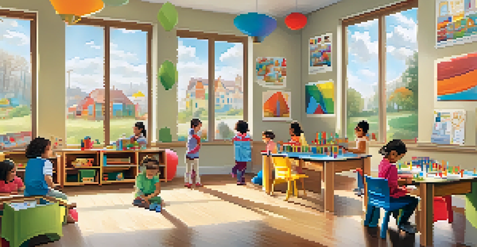 A lively early childhood classroom with children playing and learning, colorful decorations, and natural light.
