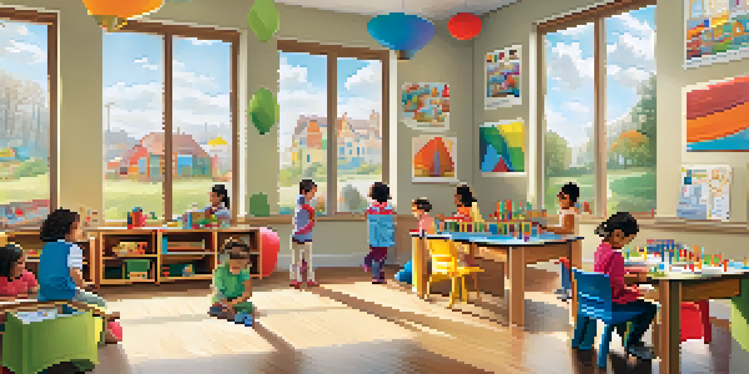 A lively early childhood classroom with children playing and learning, colorful decorations, and natural light.