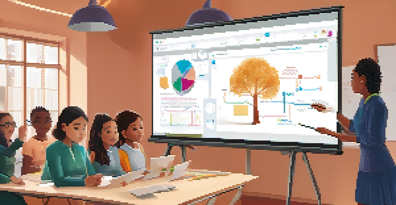 An educator showing an AI-driven learning tool on a large screen to adult learners in a modern classroom.