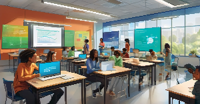 A bright classroom with students of diverse backgrounds collaborating on group activities, surrounded by digital screens showing data analytics.