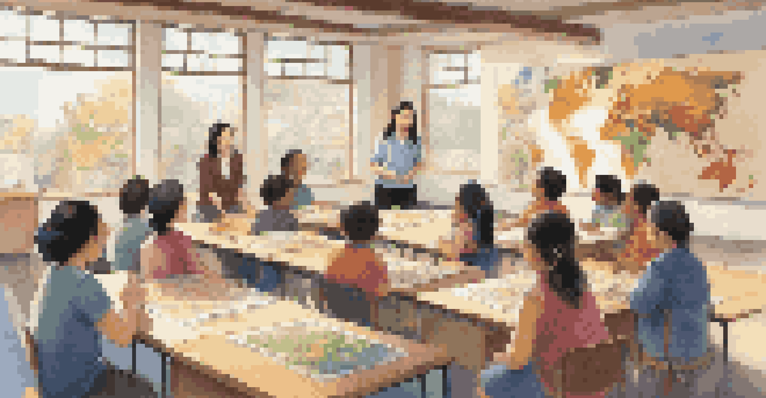 A teacher leading a cultural competence training session in a vibrant classroom filled with cultural elements.