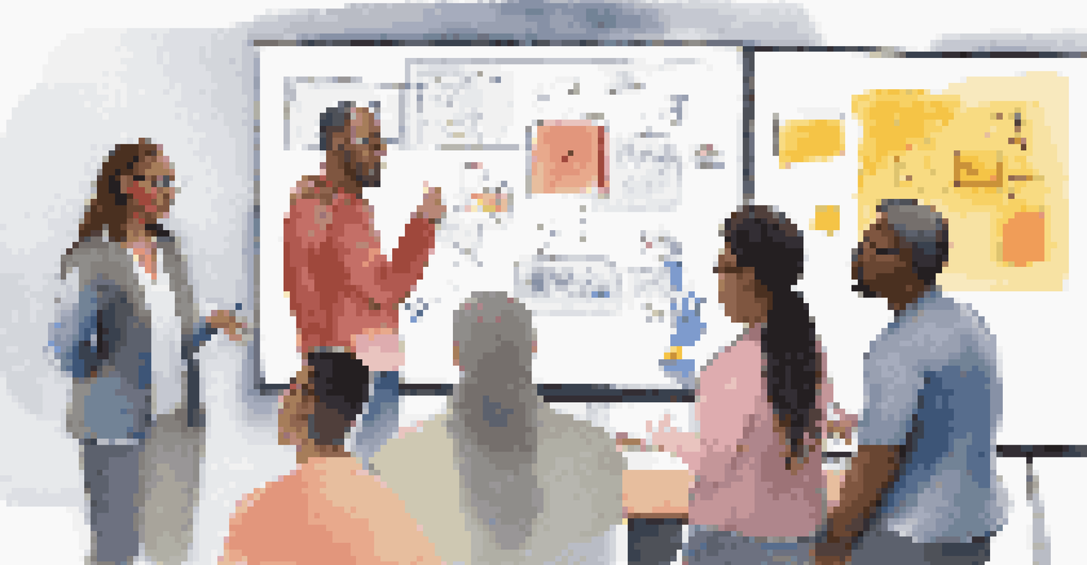 A diverse group of participants discussing ideas around an interactive whiteboard filled with colorful sticky notes.