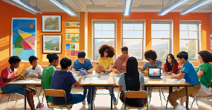 A diverse group of students engaged in collaborative learning using mobile devices in a bright classroom.