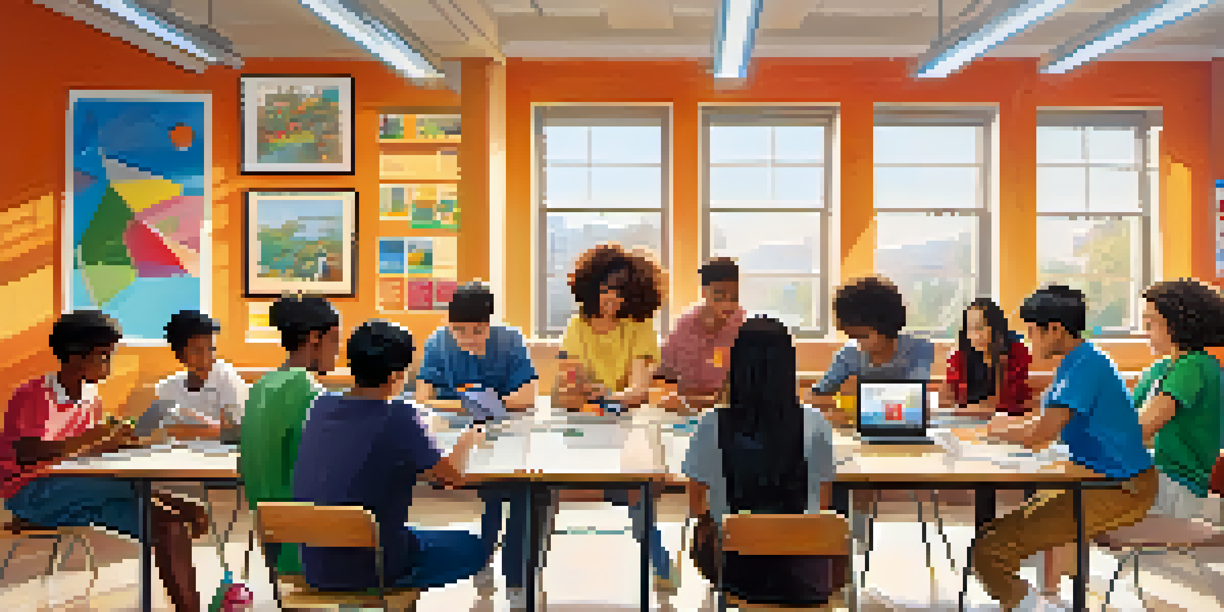 A diverse group of students engaged in collaborative learning using mobile devices in a bright classroom.