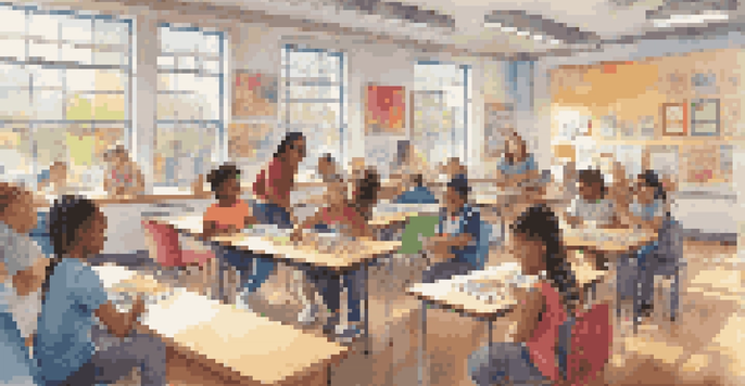 A colorful classroom with diverse students working together, showcasing inclusivity with educational tools and a bright, welcoming environment.