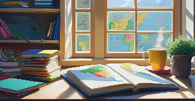 A cozy study corner featuring books, a laptop, and a cup of tea, bathed in natural light with a world map and vocabulary notes.