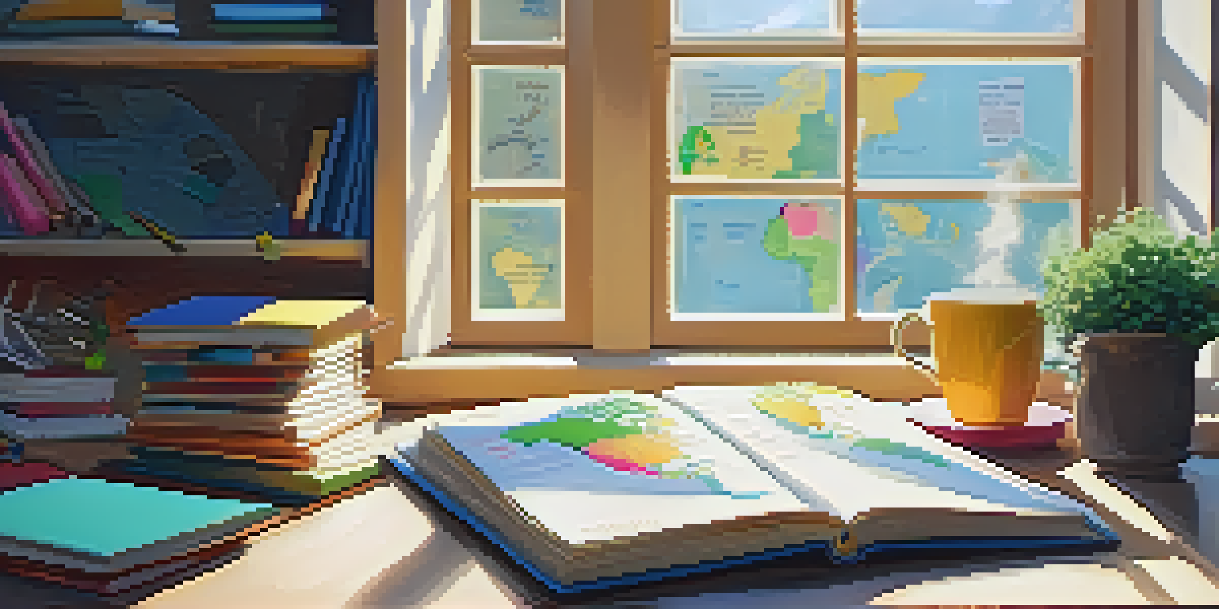A cozy study corner featuring books, a laptop, and a cup of tea, bathed in natural light with a world map and vocabulary notes.