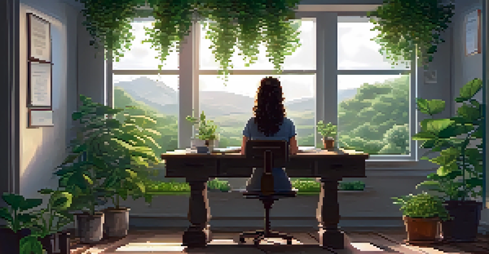 A young girl practicing mindfulness at a wooden desk in a softly lit study space, surrounded by green plants and a cup of tea.