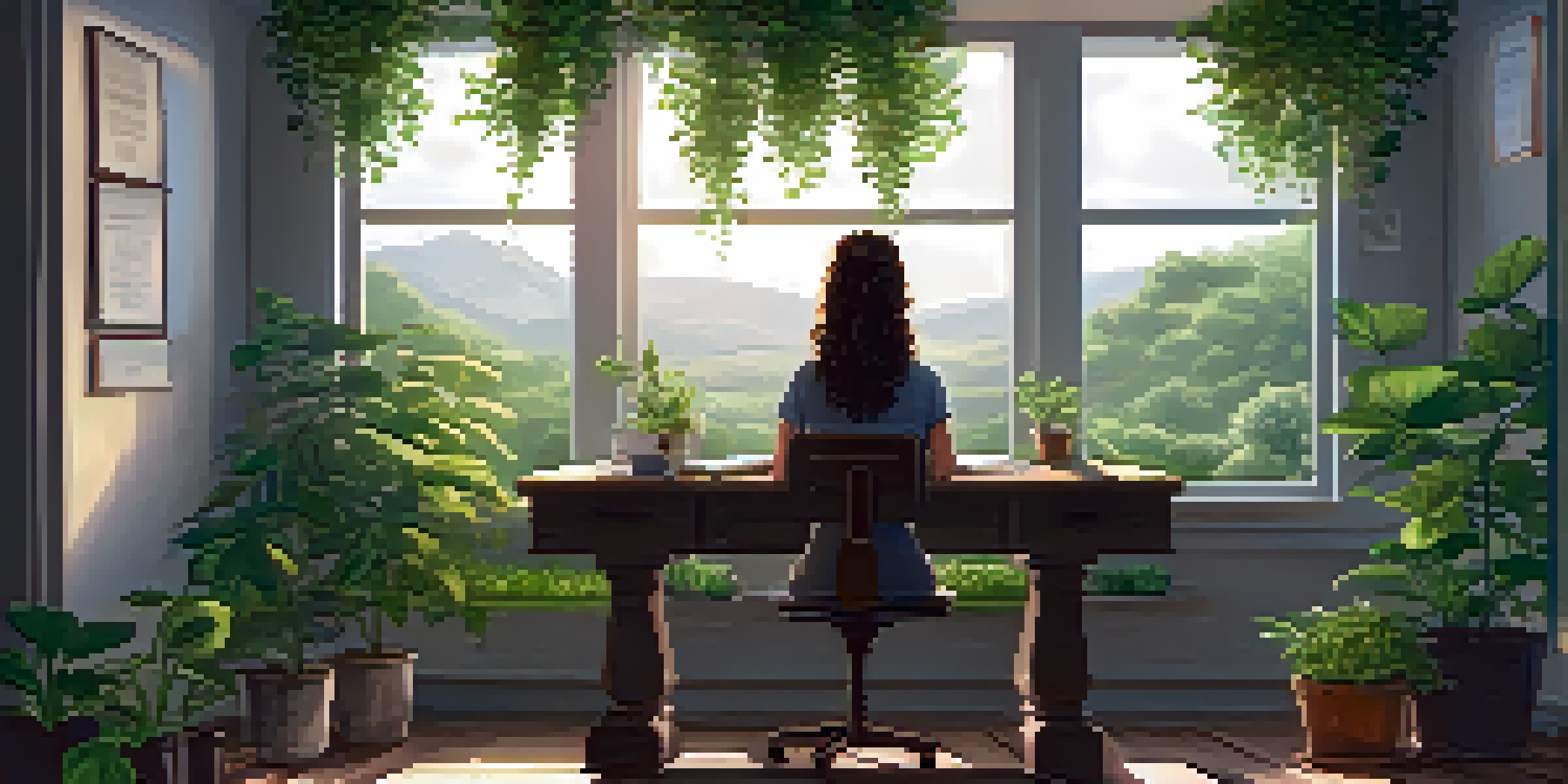 A young girl practicing mindfulness at a wooden desk in a softly lit study space, surrounded by green plants and a cup of tea.