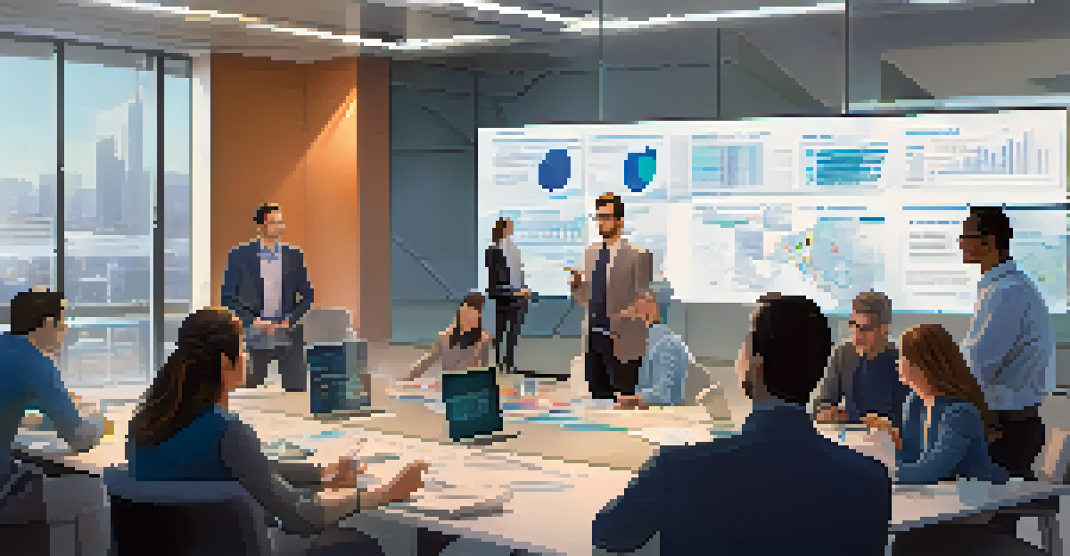 Researchers discussing ethics in AI at a conference table, with charts and data displayed on screens in a modern office.