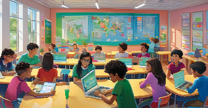 A lively classroom with students working together on a gamified learning project, colorful decorations, and a smart board displaying a leaderboard.