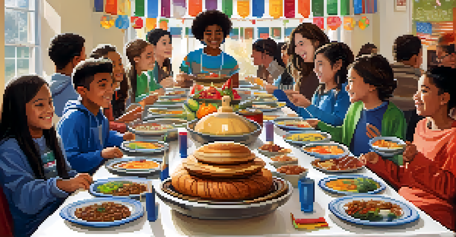Students celebrating cultural diversity in a classroom, sharing traditional foods and engaging with each other.