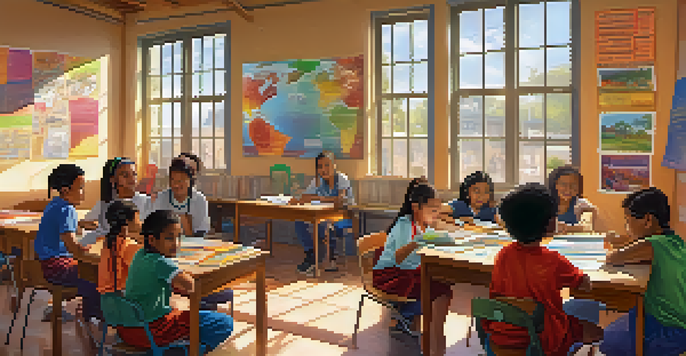 A colorful classroom with diverse students working together on a project, sunlight shining through the windows.