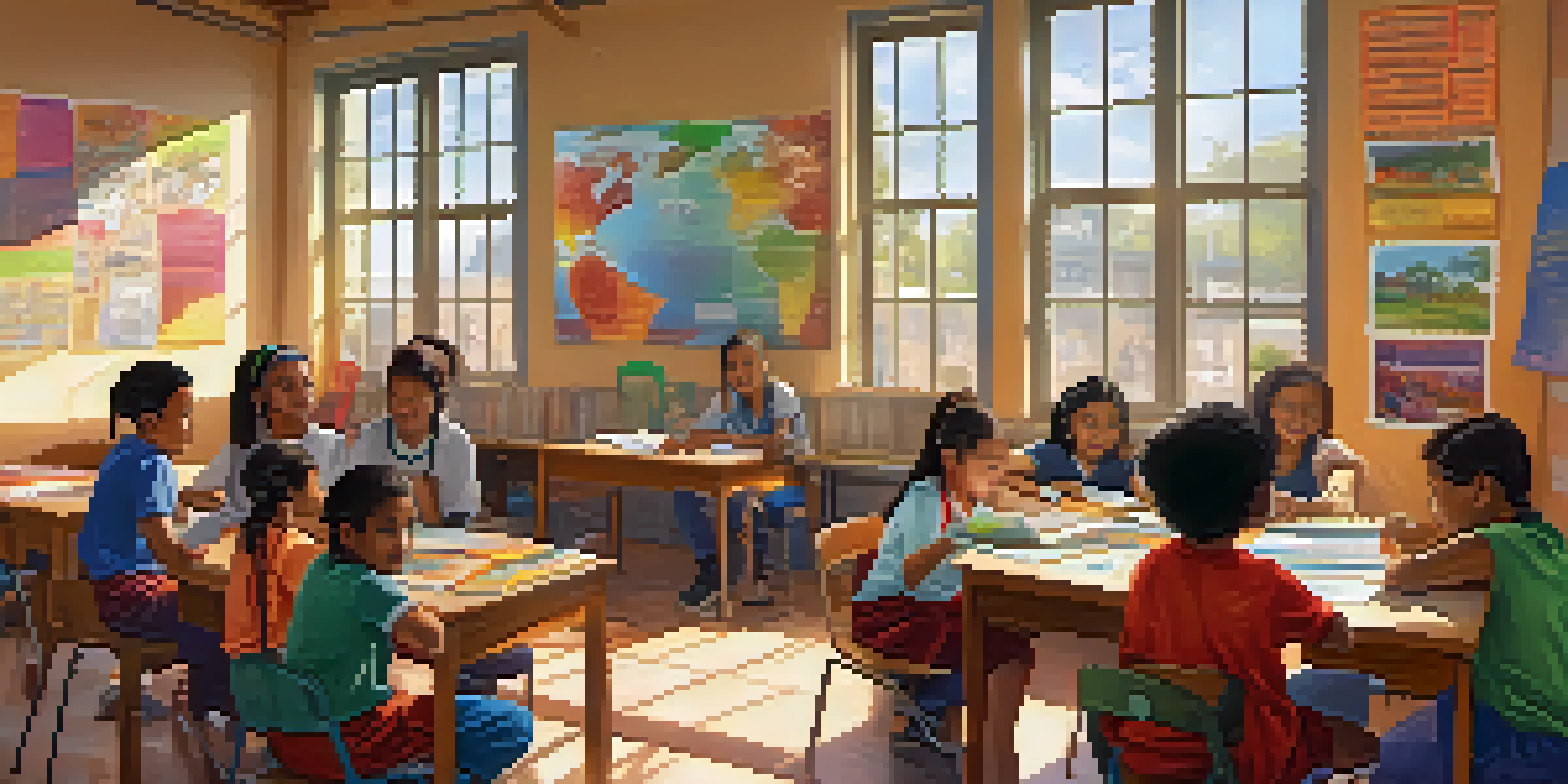 A colorful classroom with diverse students working together on a project, sunlight shining through the windows.