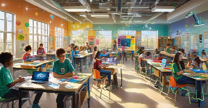 A classroom with students working together on a robotics project, surrounded by educational posters and natural light.