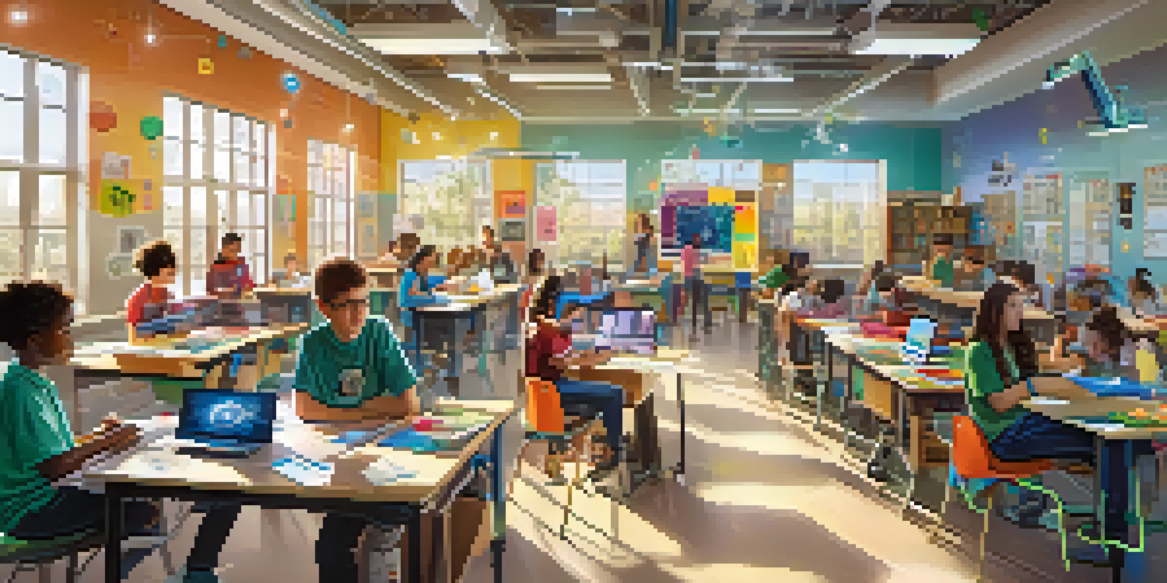 A classroom with students working together on a robotics project, surrounded by educational posters and natural light.