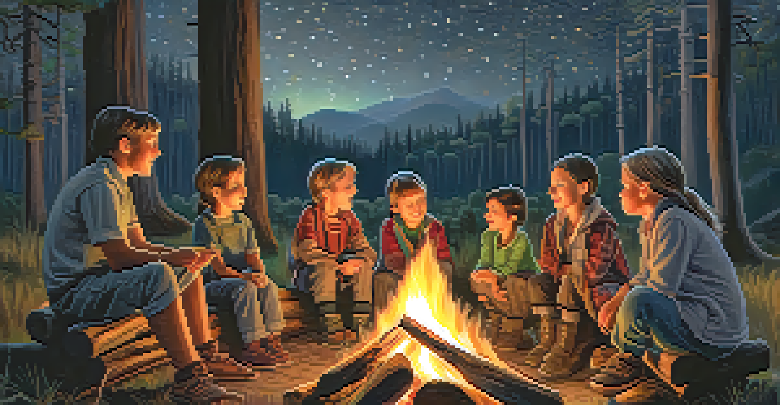 An elderly storyteller engaging children around a campfire in a forest, with a starry night sky and warm firelight illuminating their faces.