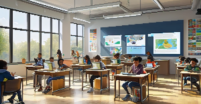 A vibrant classroom scene with students of different ethnicities using digital devices and collaborating on projects under the guidance of a teacher.