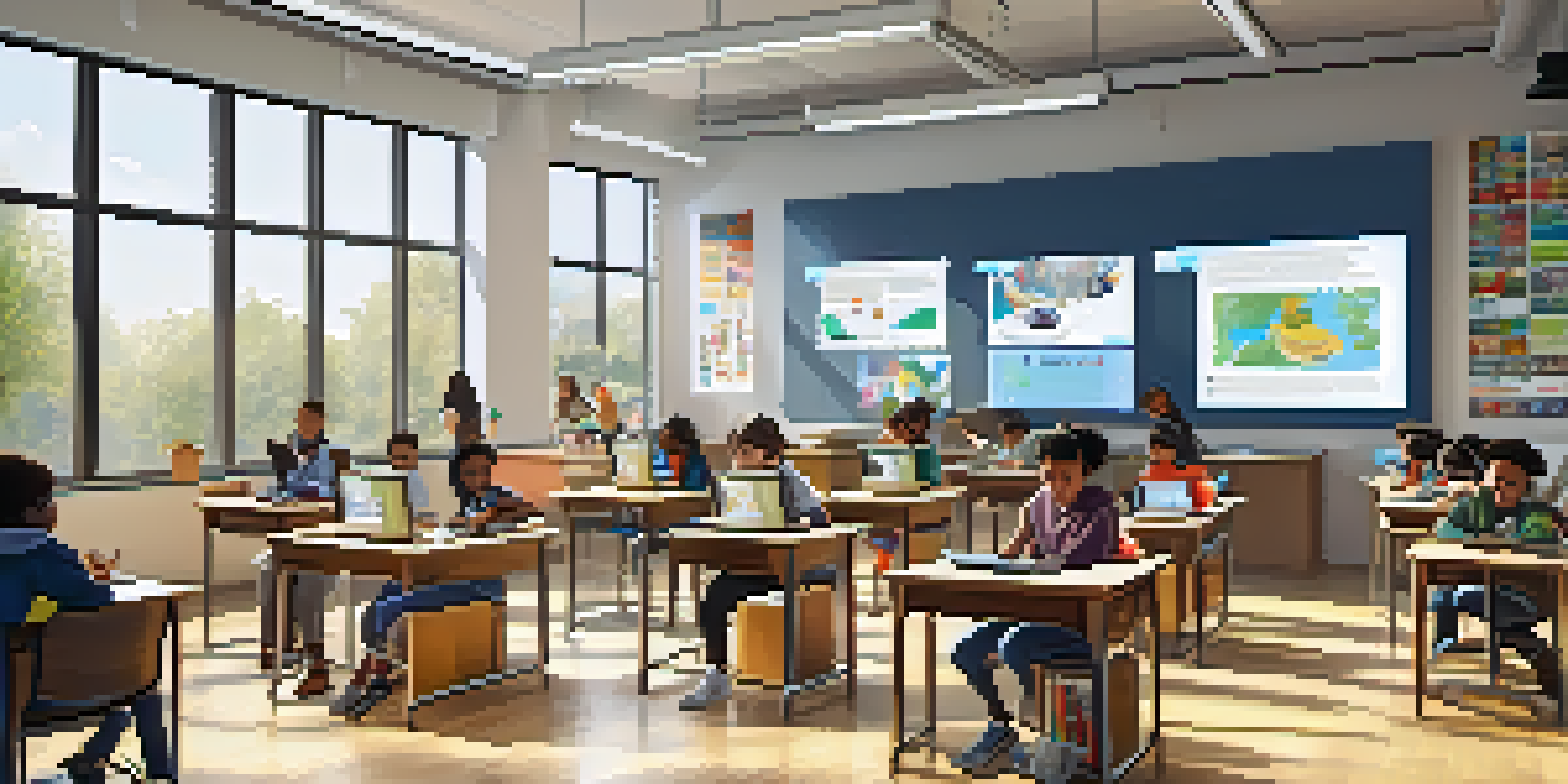 A vibrant classroom scene with students of different ethnicities using digital devices and collaborating on projects under the guidance of a teacher.