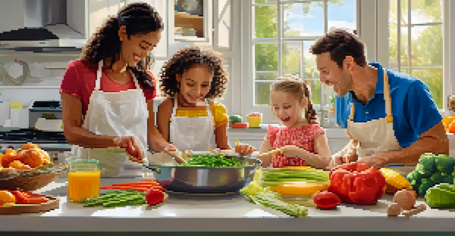 A family cooking together in a bright kitchen, with parents guiding their children through the process.