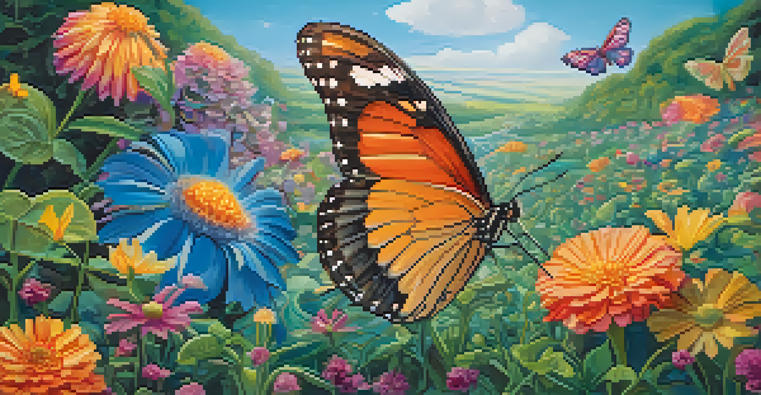 A colorful butterfly on a flower, surrounded by whimsical elements of storytelling and biology, creating a dreamlike scene.