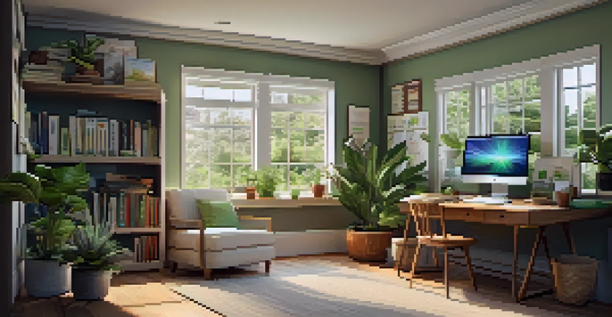 A cozy study area with a wooden desk, laptop, and books illuminated by natural light from a window, decorated with plants and art.