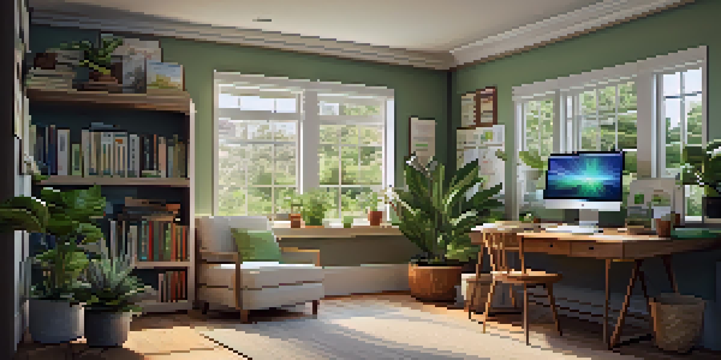 A cozy study area with a wooden desk, laptop, and books illuminated by natural light from a window, decorated with plants and art.