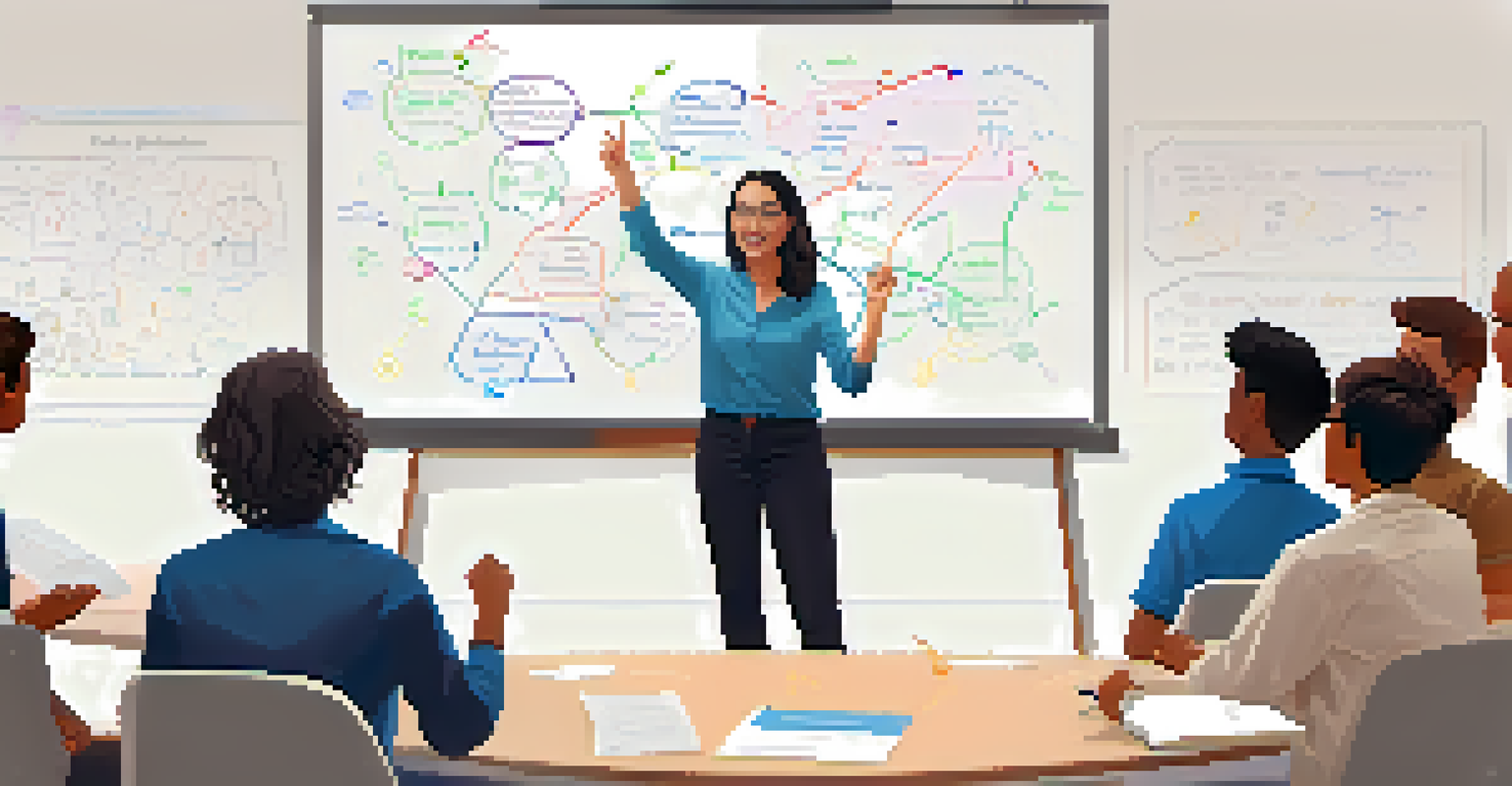 An educator leading a design thinking session in a modern classroom, with students engaged in brainstorming and taking notes.