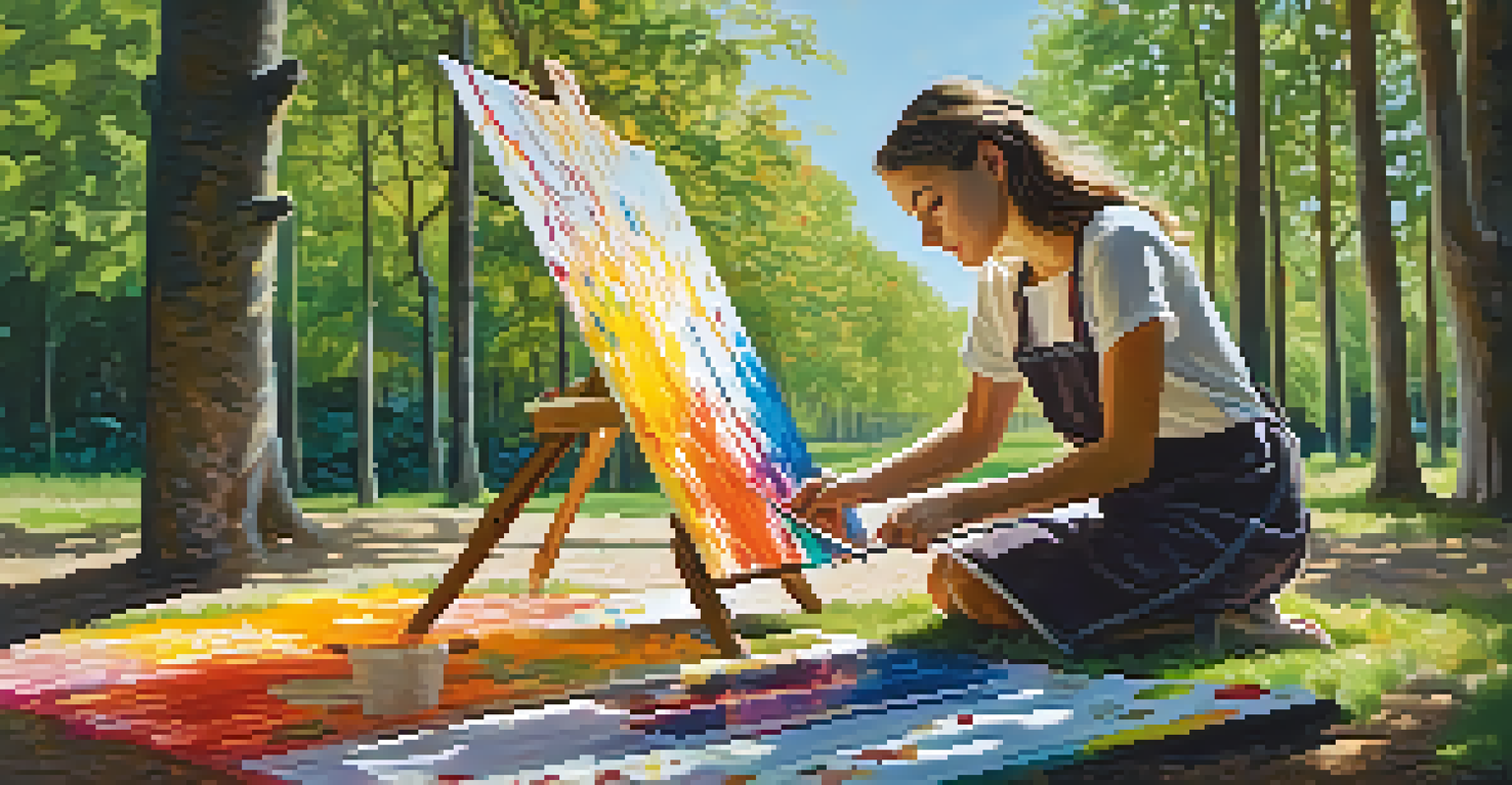An artist painting on a canvas outdoors, surrounded by greenery and sunlight, with a colorful abstract design on the canvas.