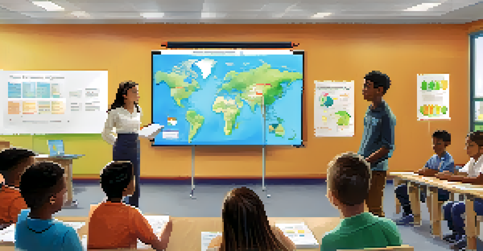 Students presenting a colorful renewable energy project in a lively classroom, with peers and a teacher engaged in the discussion.