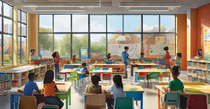 A colorful classroom with students engaged in different learning activities, including using a tablet, building blocks, and drawing, with educational materials around them.