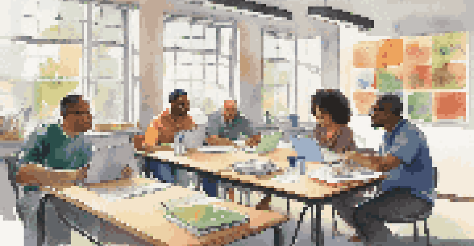 A diverse group of adult learners in a modern classroom, actively discussing with notebooks and laptops on the table.
