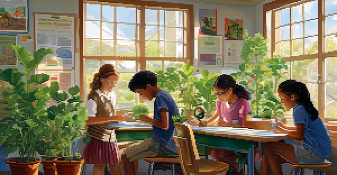A lively classroom with students working on a science project, examining a plant and sharing ideas, with sunlight streaming in through the windows.