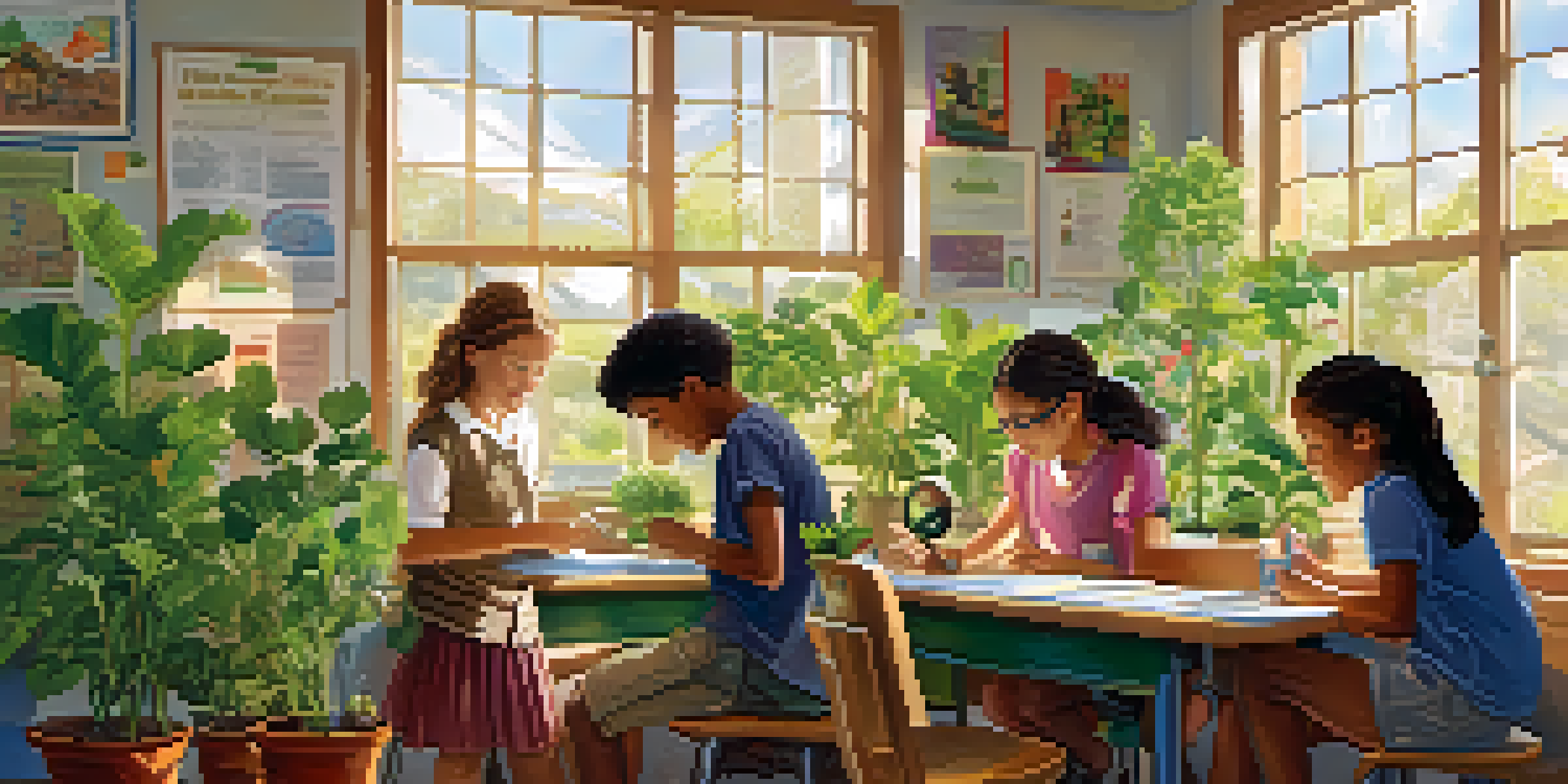 A lively classroom with students working on a science project, examining a plant and sharing ideas, with sunlight streaming in through the windows.