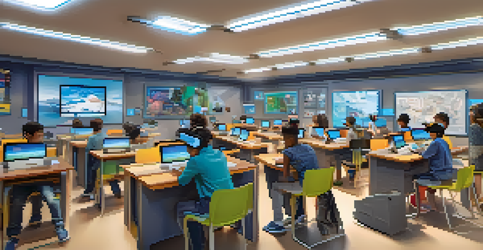 Students wearing VR headsets in a futuristic classroom, engaged in a digital learning environment depicting a historical scene.