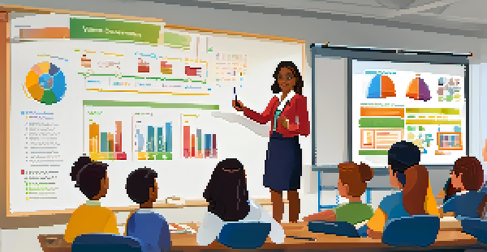 An educator presenting blended assessment methods to students in a colorful classroom filled with learning tools.