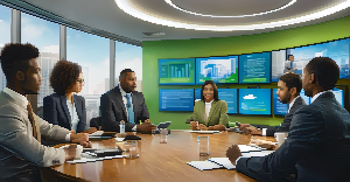 A diverse group of professionals in a video conference, surrounded by cultural symbols in a modern office.