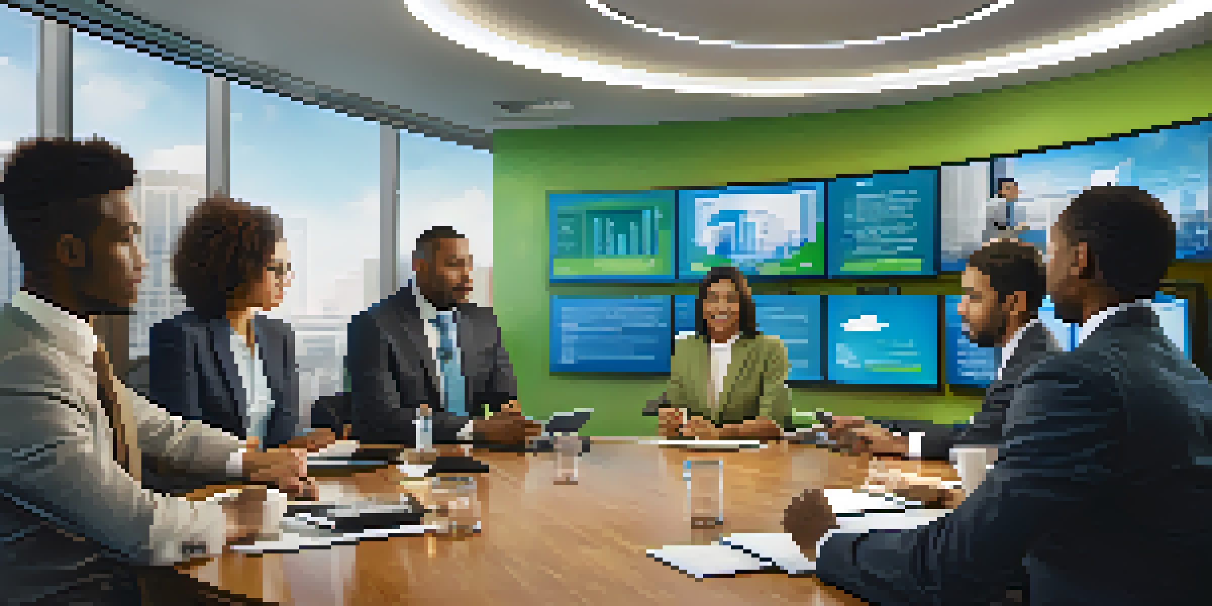 A diverse group of professionals in a video conference, surrounded by cultural symbols in a modern office.