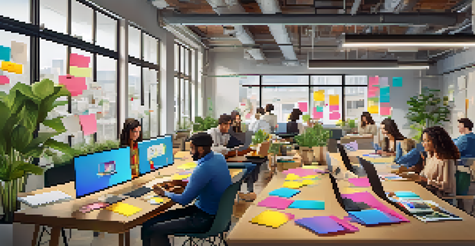 A diverse team of professionals brainstorming in a bright, modern workspace filled with sticky notes and digital devices.