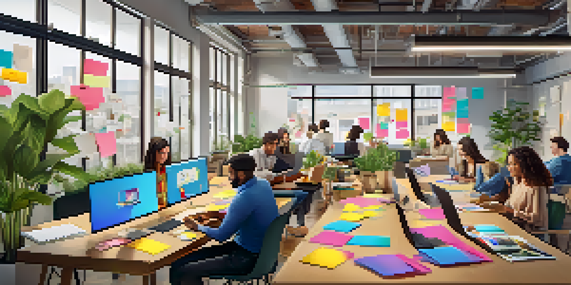 A diverse team of professionals brainstorming in a bright, modern workspace filled with sticky notes and digital devices.