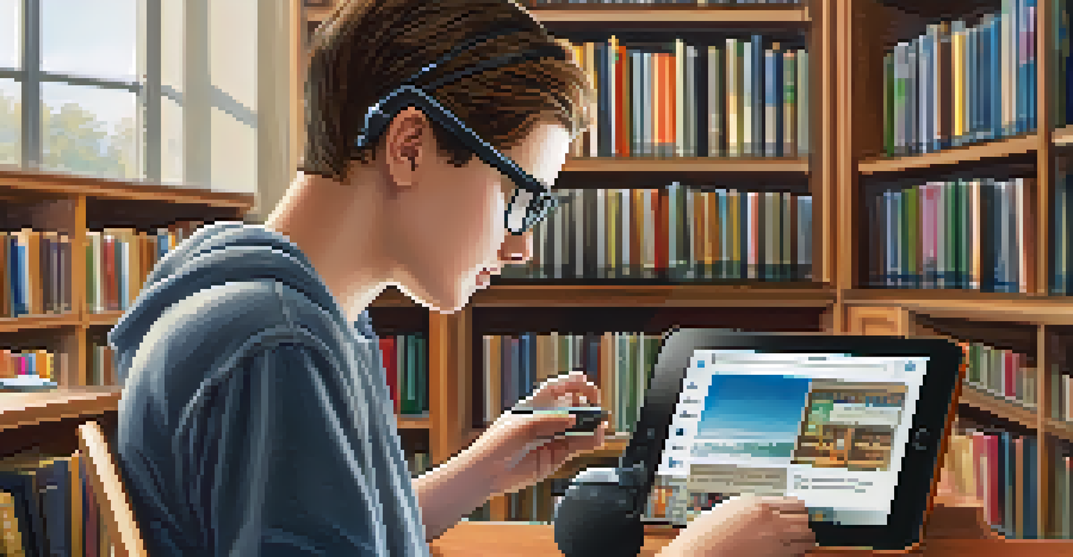 A visually impaired student using a smartphone with a screen reader app in a well-lit library.